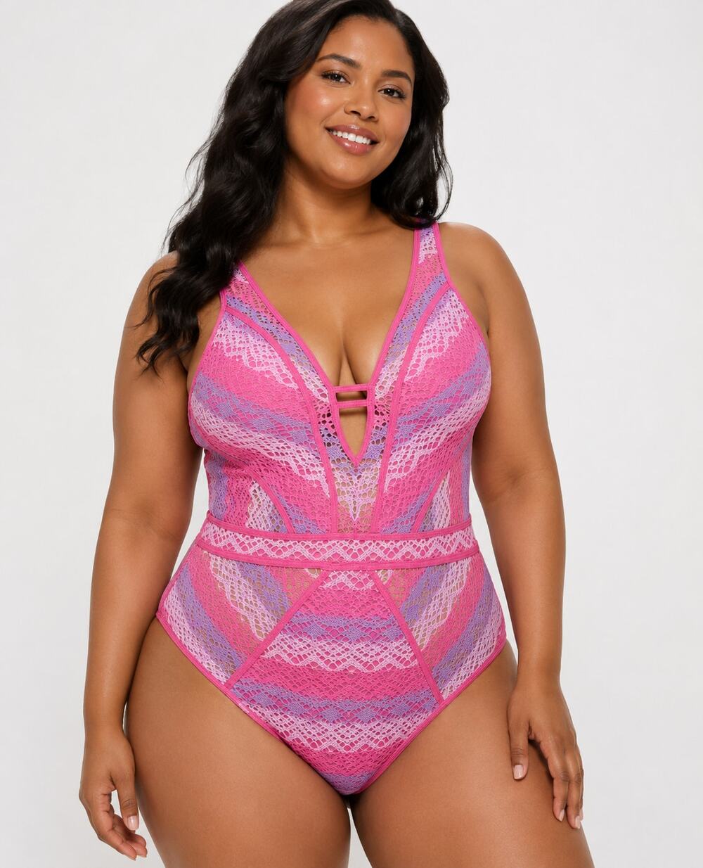 BECCA Color Play Plunge Crochet One Piece Swimsuit Pink Flamingo XL